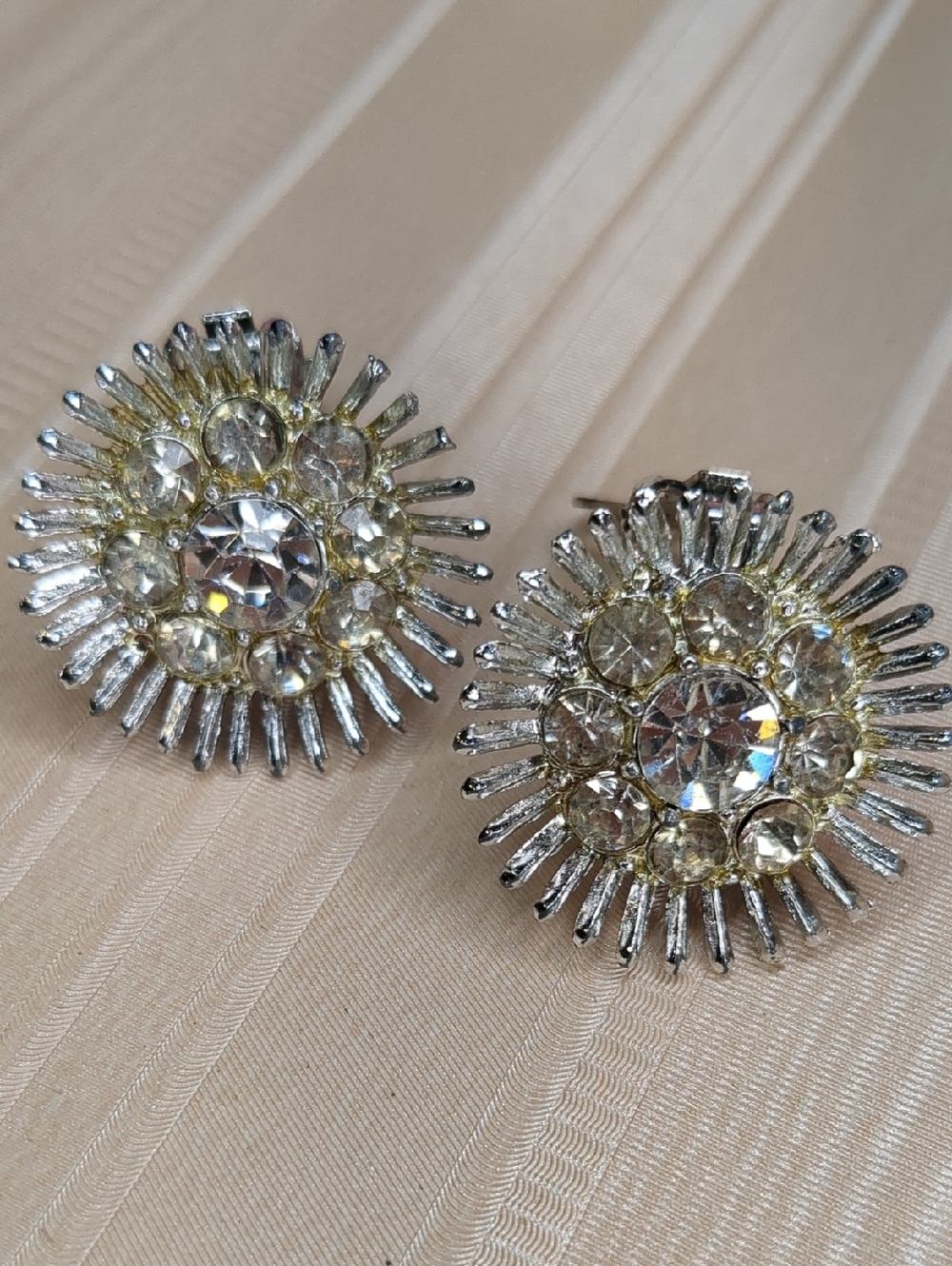 Vintage 60s Crystal Earrings Retro Starburst Round Silver Tone Formal Cocktail